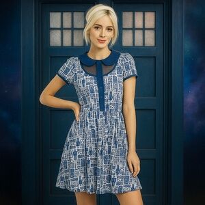 Hot Topic Blue TARDIS‎ Print Peter Pan Collar Fit Flare Dress L